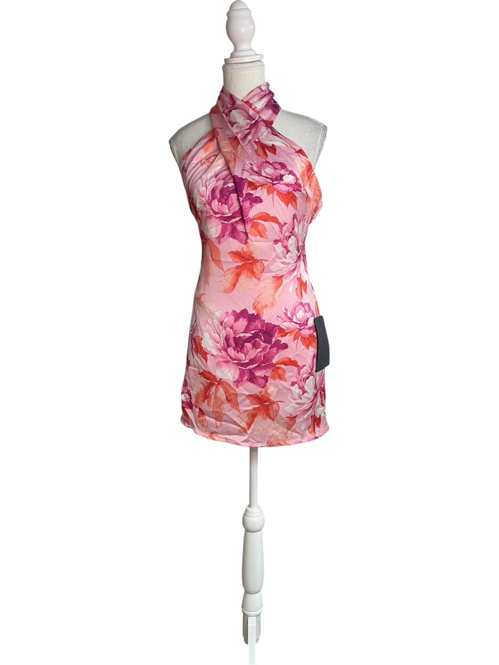 Lulus Beyond Classy Floral Print Satin Halter Mini Dress Pink Coral